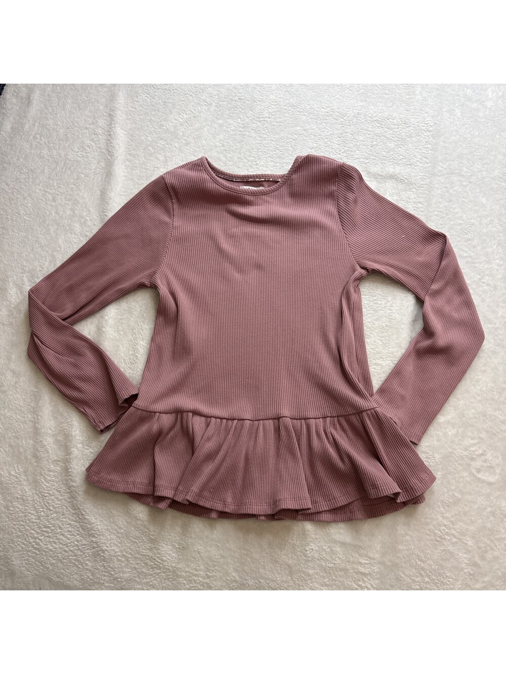 Haute Hippie Long Sleeve Pink Ribbed Flare, Ruffle Hemmed Girls 10/12 Shirt
